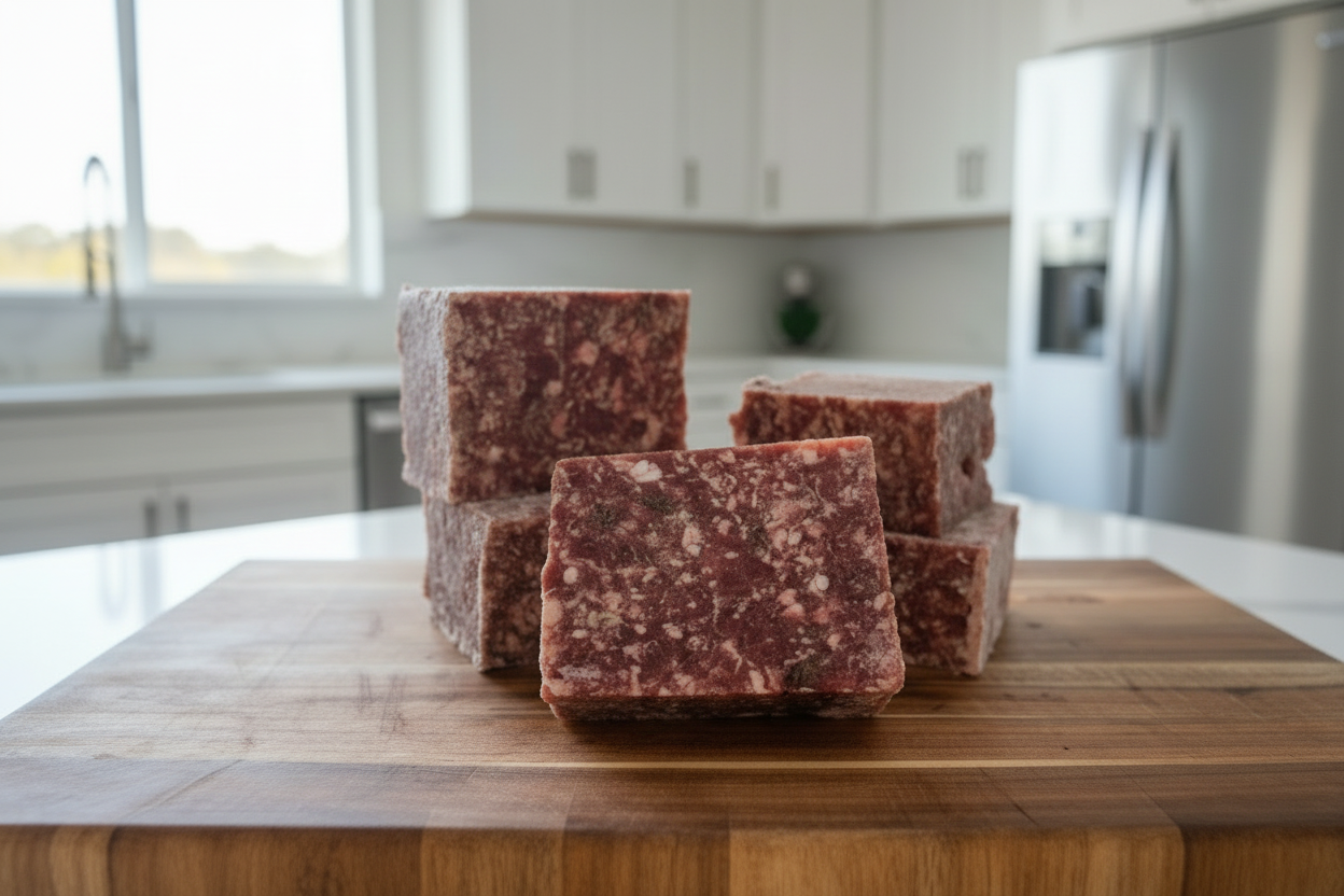 Assorted protein blocks showing raw food blends in natural sunlight on a wooden surface.