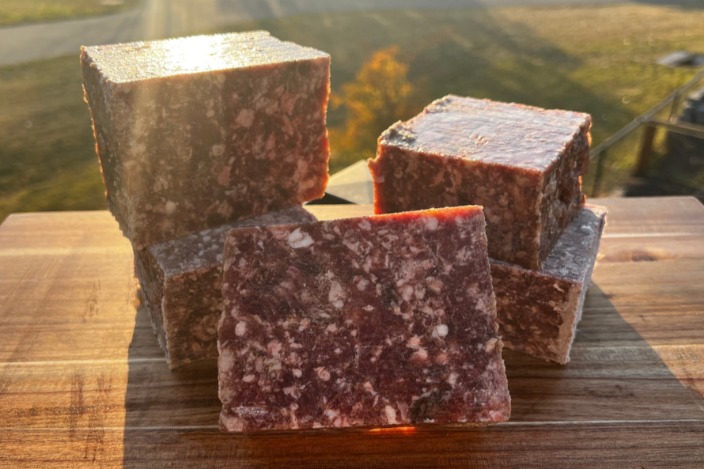 Assorted protein blocks showing raw food blends in natural sunlight on a wooden surface.