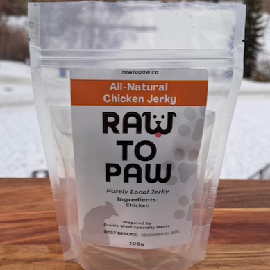 Pure Chicken Jerky in a 100g bag, made with 100% free-range chicken, no additives, by Prairie West Specialty Meats.