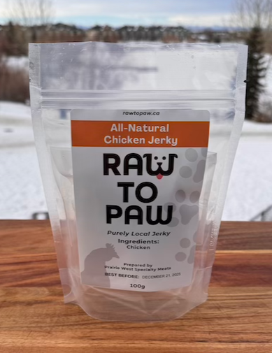 Pure Chicken Jerky in a 100g bag, made with 100% free-range chicken, no additives, by Prairie West Specialty Meats.