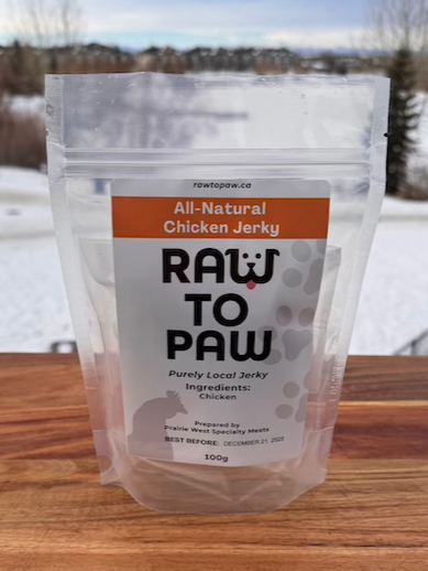Pure Chicken Jerky in a 100g bag, made with 100% free-range chicken, no additives, by Prairie West Specialty Meats.