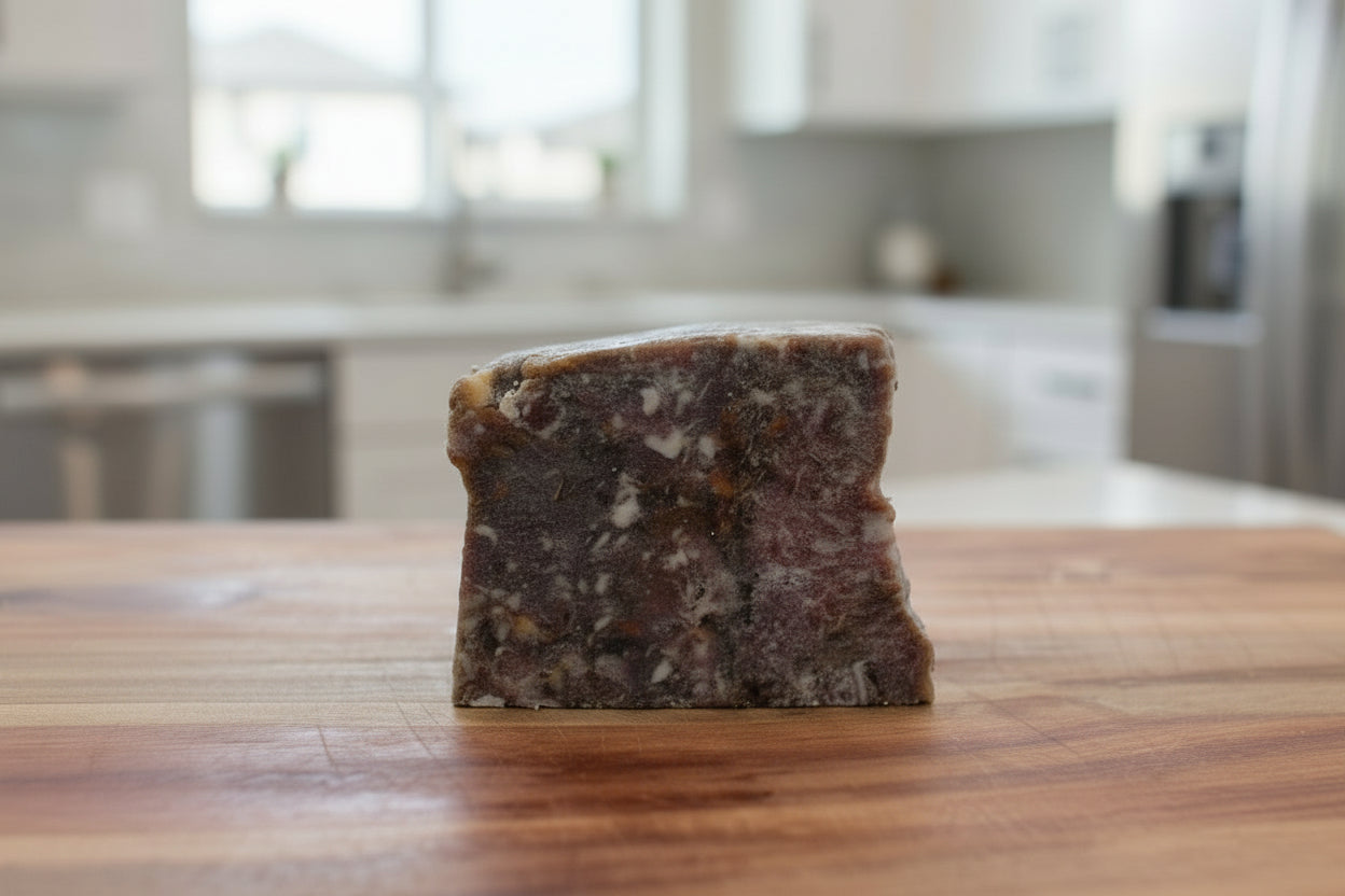 Block of beef and bison vegetable mix on wooden surface with blurred background, perfect for raw pet food.