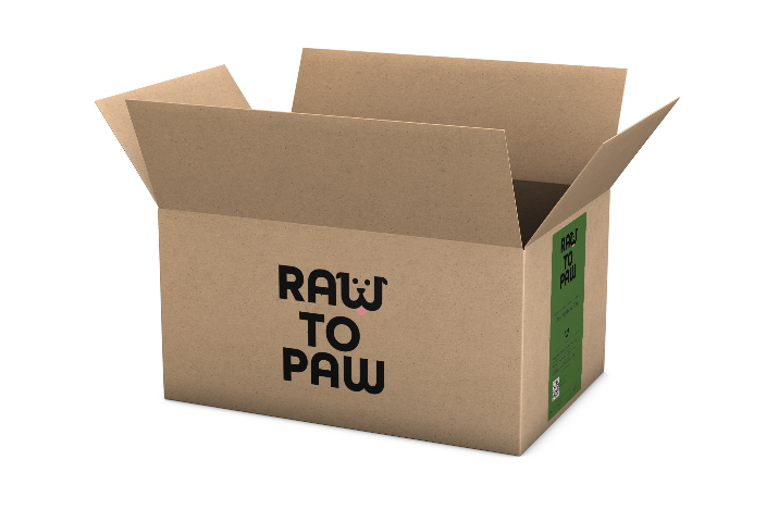 Eco-friendly cardboard box for delivering premium raw dog and cat food, marked 'RAW TO PAW'.