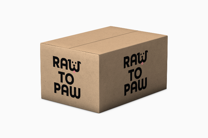 Raw to Paw packaging box for fresh frozen raw beef bones, delivering nutritious bones for your pets.