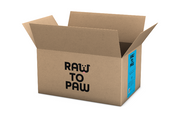 Open cardboard box with the logo 'RAW TO PAW', designed for pet food delivery.