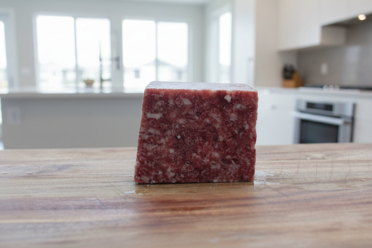 60/40 Chicken, Beef, Bison Mix block, human grade raw food delivered, rich in nutrients, perfect for your pet's diet.