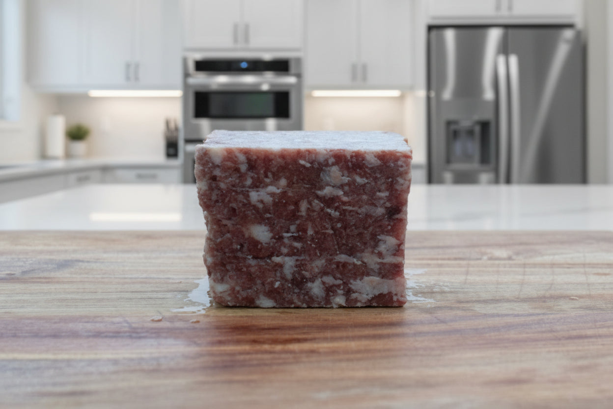 Raw food 1 pound block of Chicken, Beef, Bison mix by a serene lake backdrop, perfect for daily feeding.