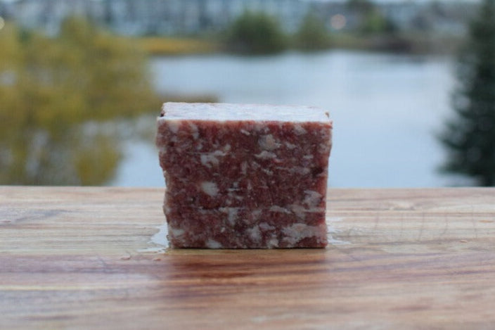 Raw food 1 pound block of Chicken, Beef, Bison mix by a serene lake backdrop, perfect for daily feeding.