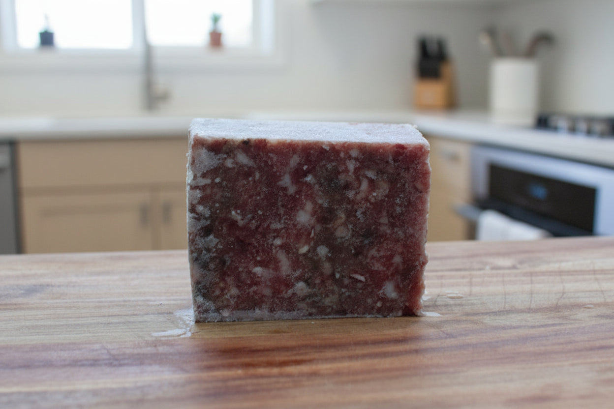 Sardine and chicken mix block on wooden surface, showcasing human-grade raw pet food made with quality ingredients.