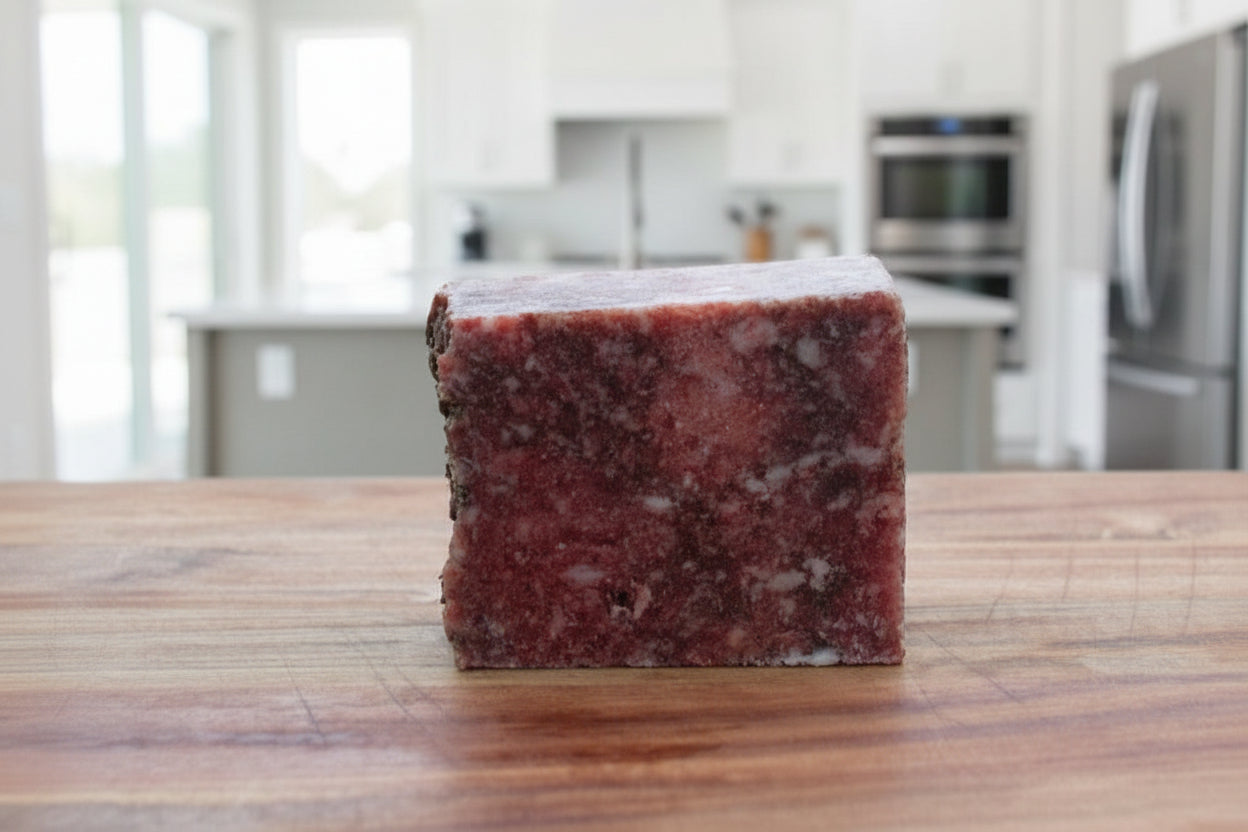 1 lb block of human-grade Chicken Mix featuring free-range chicken, bone, and organ ingredients.