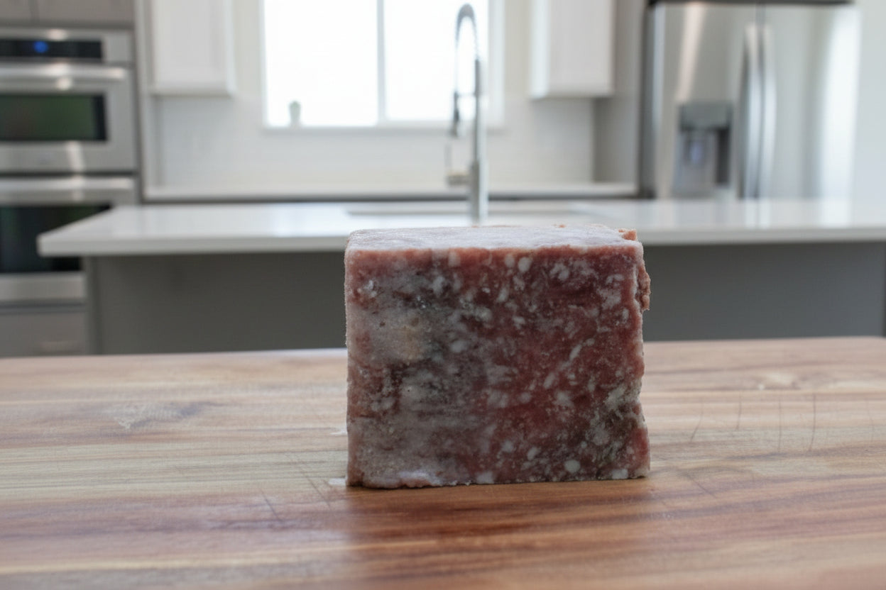 1 pound block of Duck, Beef, Bison mix dog food on a wooden surface with a scenic lake background.