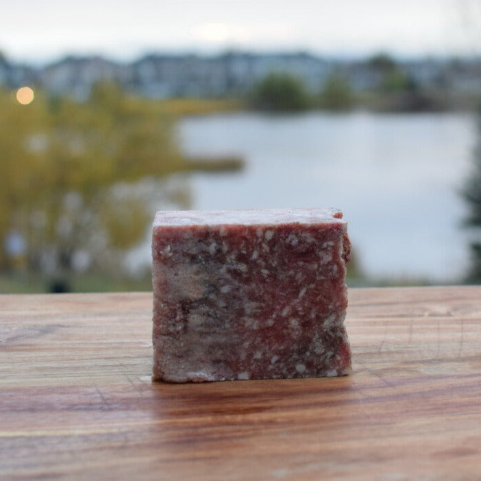 1 pound block of Duck, Beef, Bison mix dog food on a wooden surface with a scenic lake background.