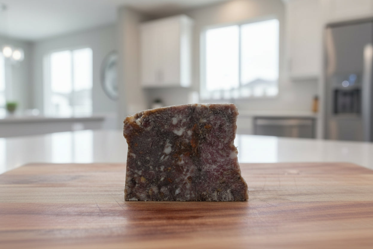 Raw pet food slice made from turkey, beef, bison, and vegetables, perfect for dogs and cats.