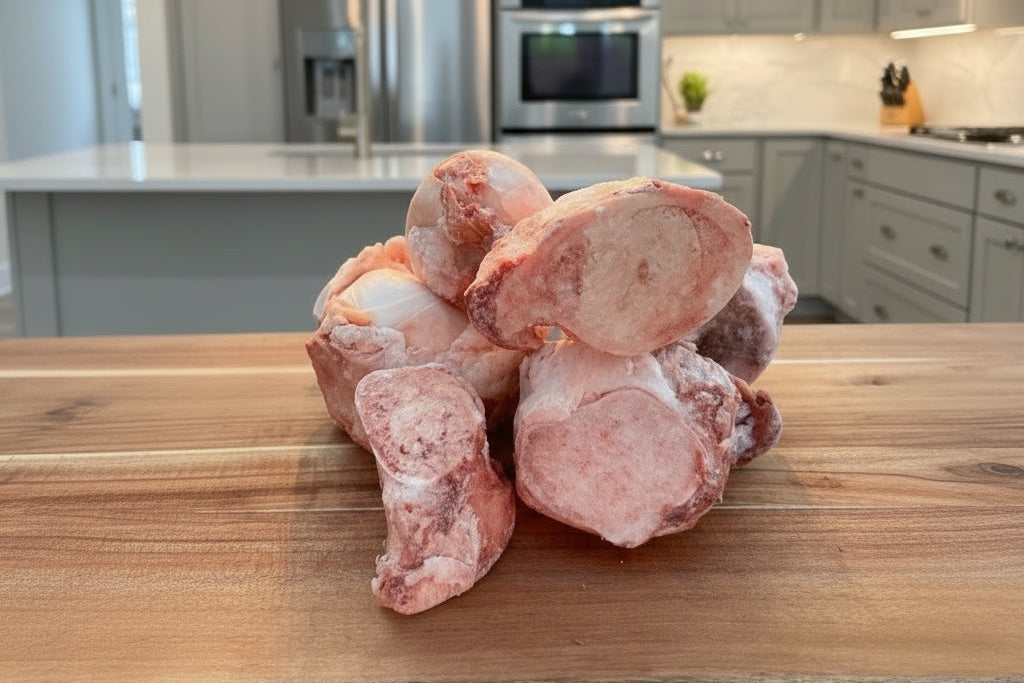 Fresh frozen raw beef bones, including marrow and knuckle, perfect for pets' dental health and bone broth.