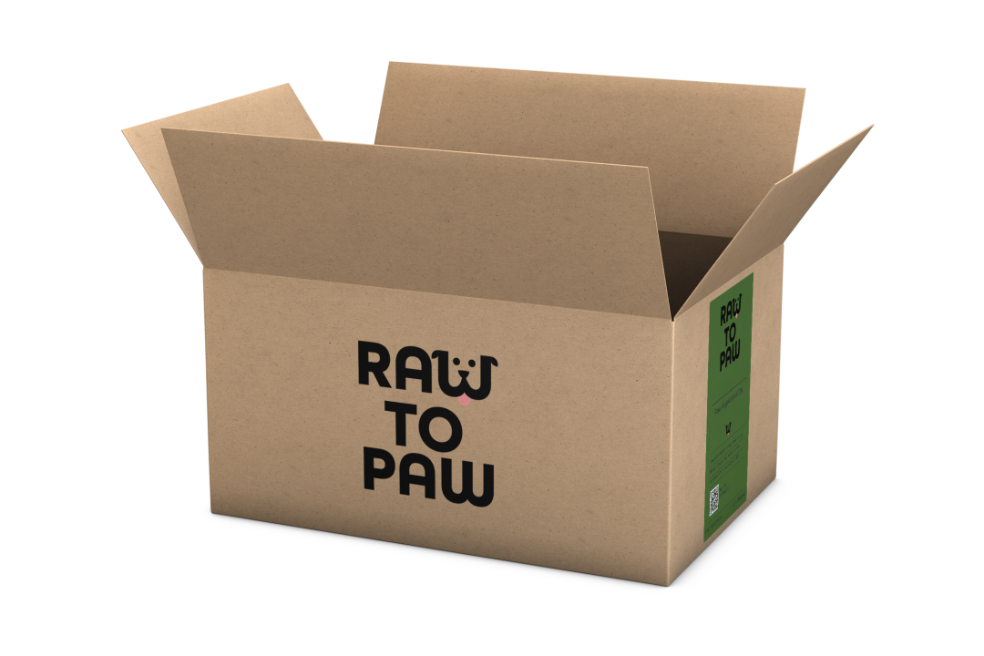 Eco-friendly raw pet food box labeled 'Raw to Paw' for home delivery of high-quality ingredients.