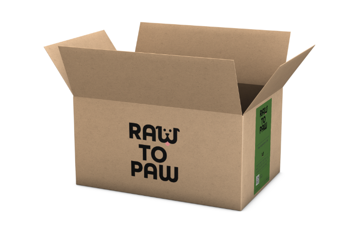 Eco-friendly raw pet food box labeled 'Raw to Paw' for home delivery of high-quality ingredients.