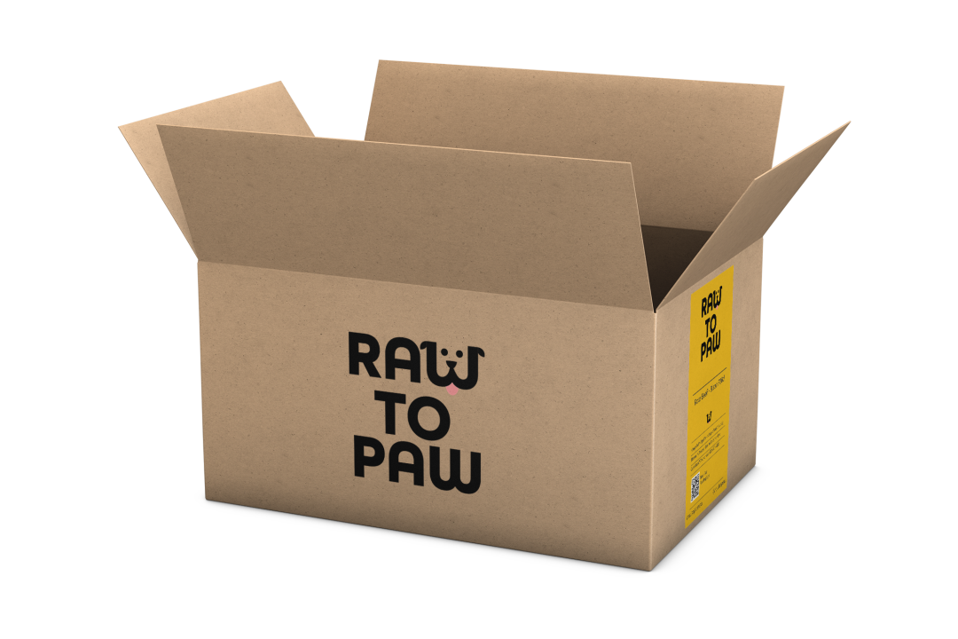 Brown box labeled 'RAW TO PAW', perfect for delivering high-quality pet food.