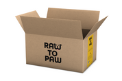 Eco-friendly delivery box for Raw to Paw pet food, showcasing quality ingredients for pet nutrition.