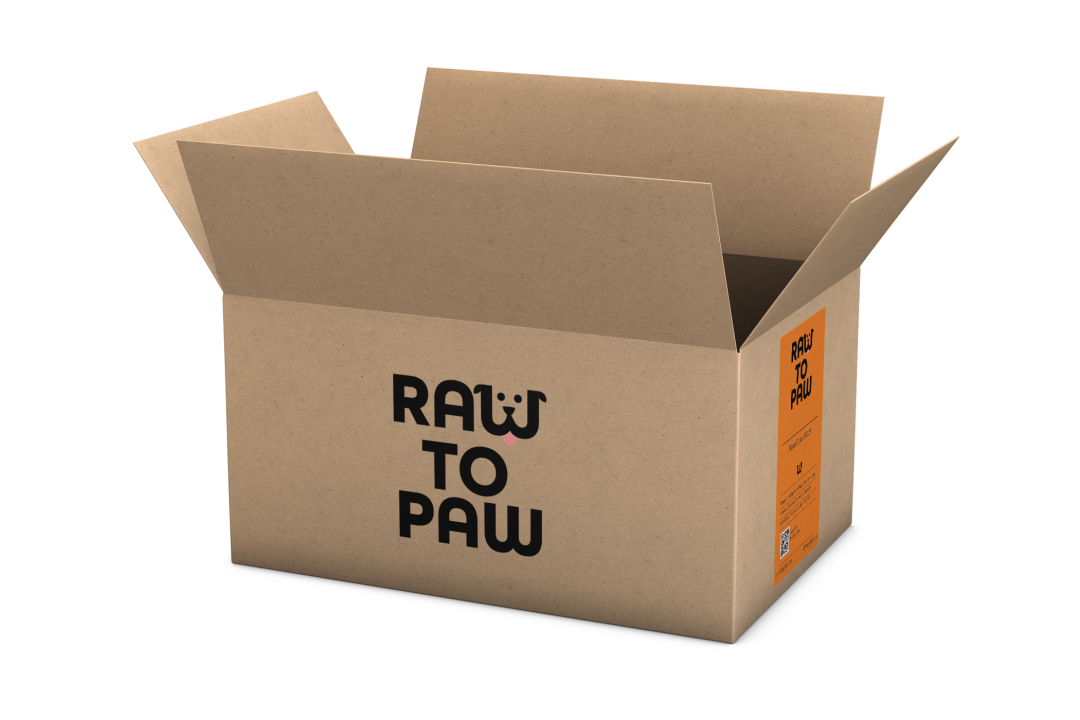 Open cardboard box with 'RAW TO PAW' branding, ready to deliver premium dog food.