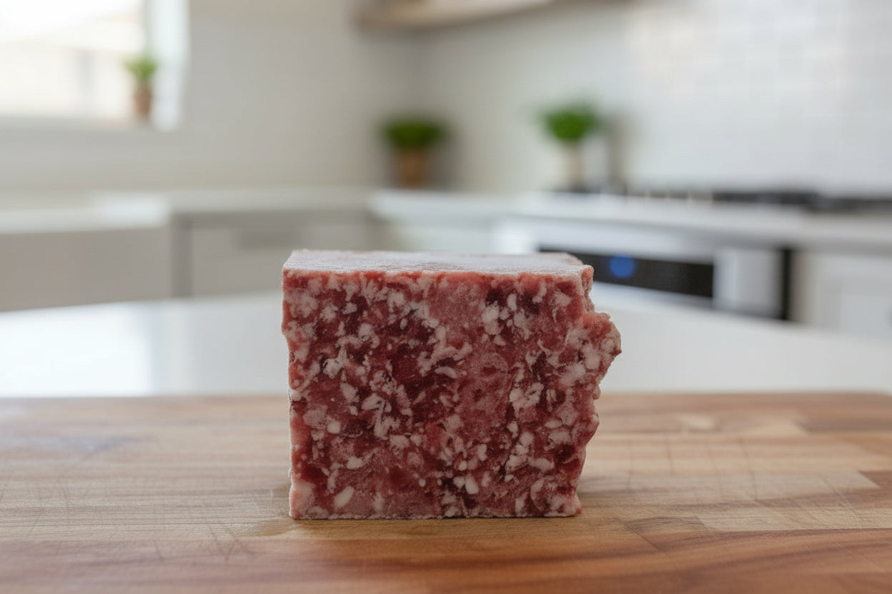 Turkey, beef, and bison raw dog food block on wooden surface with natural scenery in background.